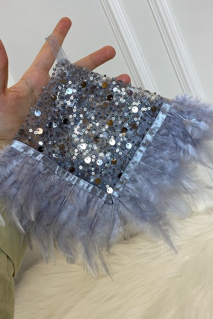 Gray Authentic Vip Bridal Handkerchief, Halay Handkerchief, Beaded Pearl Sequins and Feather Detail