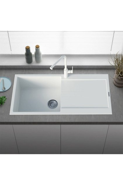 Viviano 1 Göz Geniş Küvet 50x99 Cm Granit Evye Beyaz + Sifon Bağlantı Hortumları