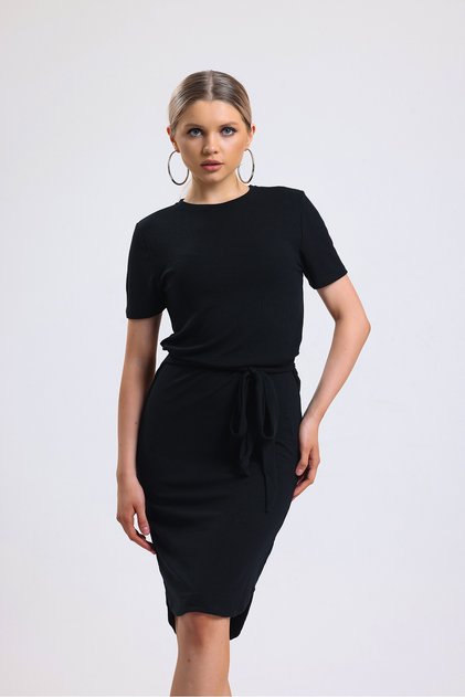 women's black crew neck short sleeve skirt oval back elastic belted long dress