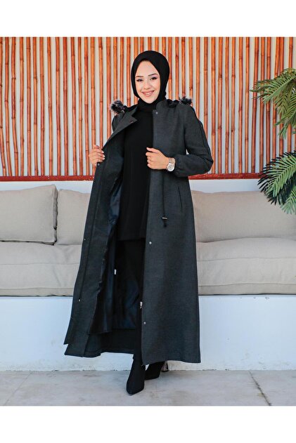 KMKkombin KADIN TAM BOY BİLEĞİ LASTİKLİ KAPŞONLU KAŞE MONT KABAN