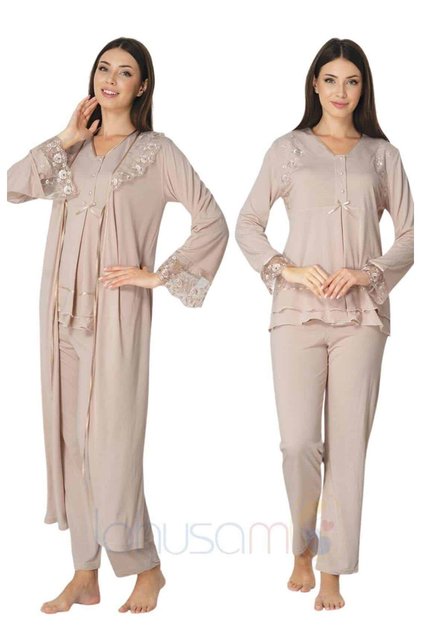 Women's Design Mink Lace Detailed Cotton Maternity Maternity Dressing Gown Pajama Set