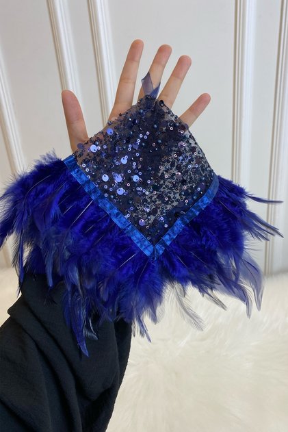 Navy Blue Authentic Vip Bridal Handkerchief, Halay Handkerchief, Beaded Pearl Sequins and Feather Detail