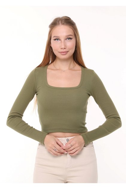Kadın Haki Kare Yaka Uzun Kollu Fitilli Örme Crop Bluz
