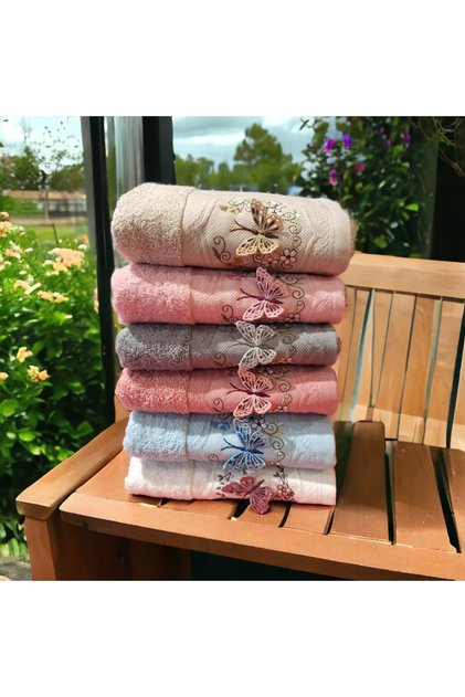 Set of 6 3D Embroidered Curl Butterfly Detailed Colored Hand and Face Towels 50X90cm