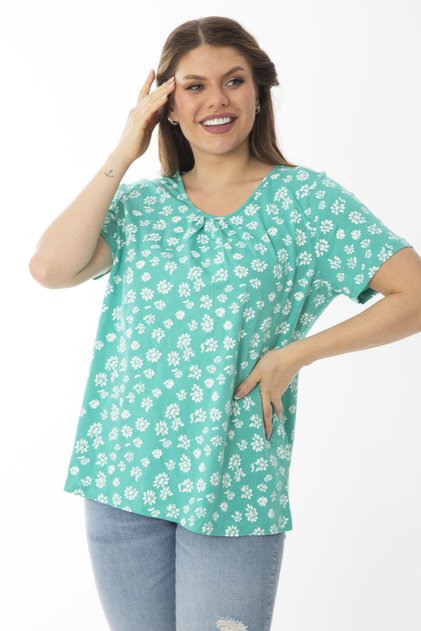 Women's Large Size Green Cotton Fabric Patterned Blouse with Gather Detail on the Collar 65N37028