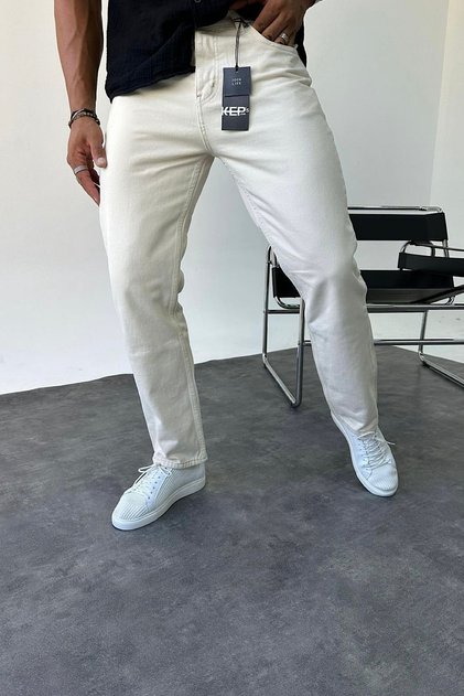 Baggy Fit Krem Renk Bol Kalıp Kot Pantolon