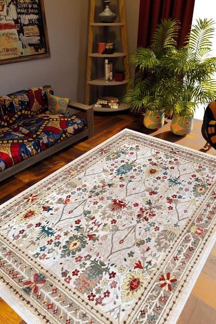 Salon Halısı Otantik Figürlü Çiçekli Bej Kaydırmaz Kesme Yıkanabilir Ince Halı Tüysüz Kilim