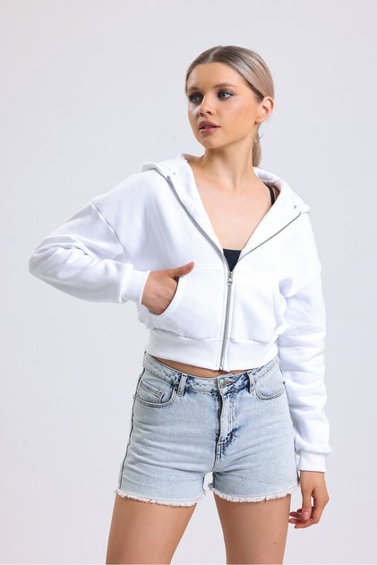 women's white hooded zipper sweatshirt