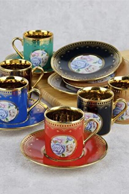 ACAR Barok Figürlü Renkli Gold 6 Kişilik Porselen Kahve Fincan Takımı ...