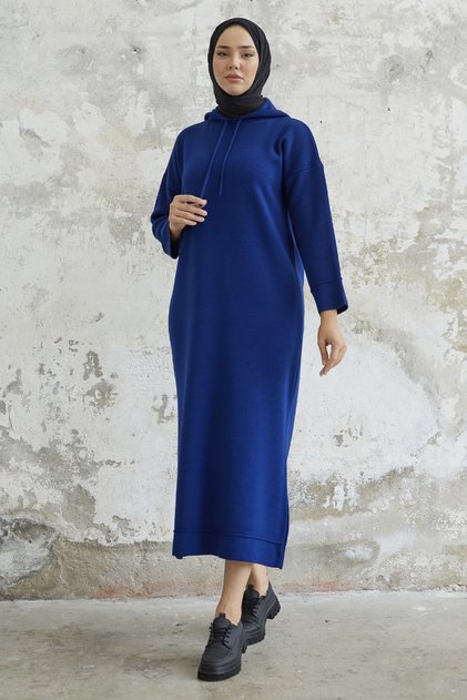Rochie tricotaje cu glugă Ivona - Albastru Marin