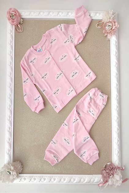 pembe kirpikli bulut baskılı önden çıtçıtlı 2'li bebe pijama takımı