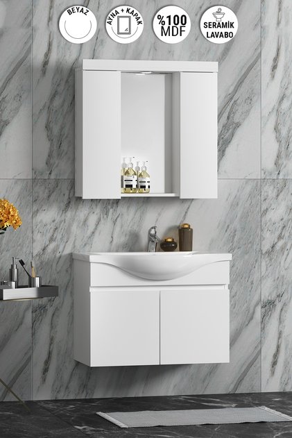 Yıldız 80 cm Beyaz MDF Seramik Lavabolu Asma Banyo Dolabı Takımı