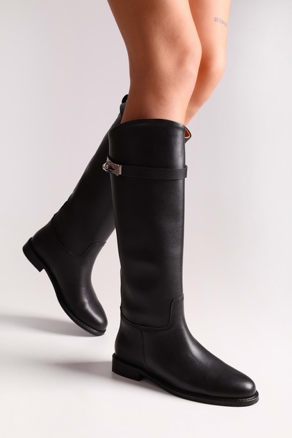 FSKOMBİN Lisbon Women's Black Leather Thick Heeled Over-the-Knee