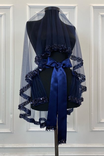 Navy Blue Bridal Veil Set, Sequin Beaded Pearls and Water Stones Leaf Pattern Henna Veil Set 6 Pieces