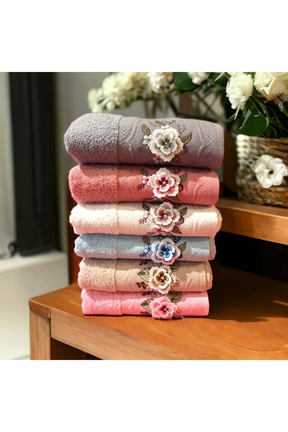 Set of 6 3D Embroidered Curly Violet Detailed Colored 50X90 Hand and Face Towels