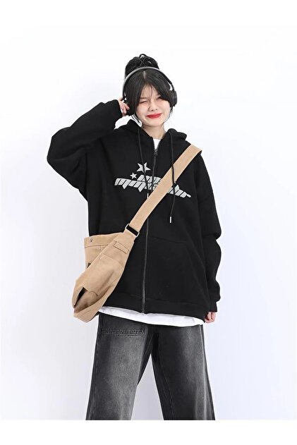 Gofeel Y2k Tech Stars Baskılı Oversize Fermuarlı Siyah Unisex