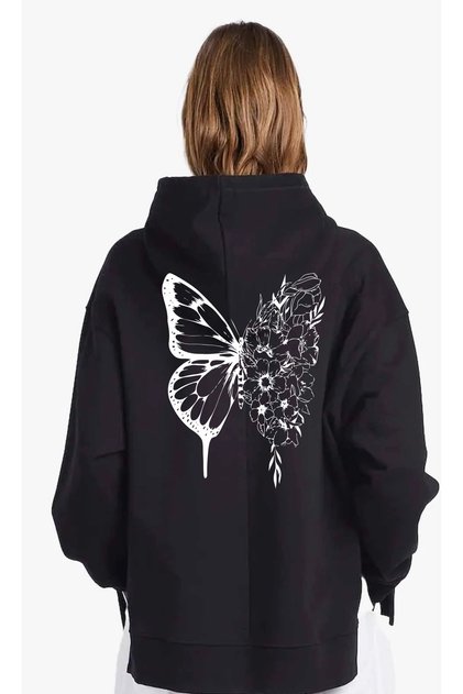 Hanorac oversize, negru, cu flori, fluture