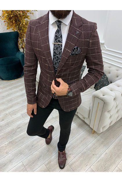 Men's Square Plaid Italian Cut Slim Fit Jacket