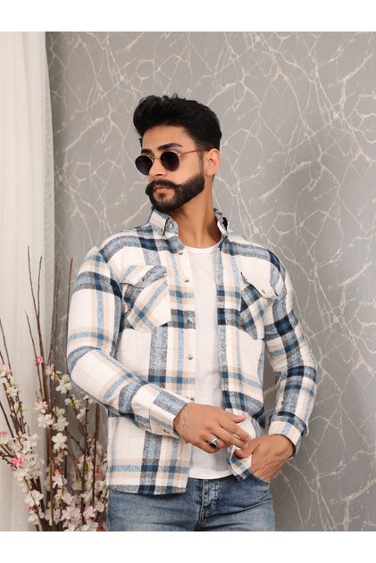 Mavi krem geçişli slim fit pamuklu oduncu gömlek