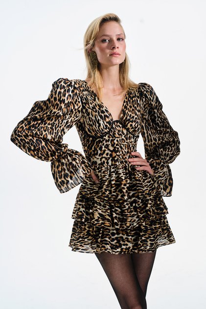 Leopar Desenli Balenli Mini Elbise