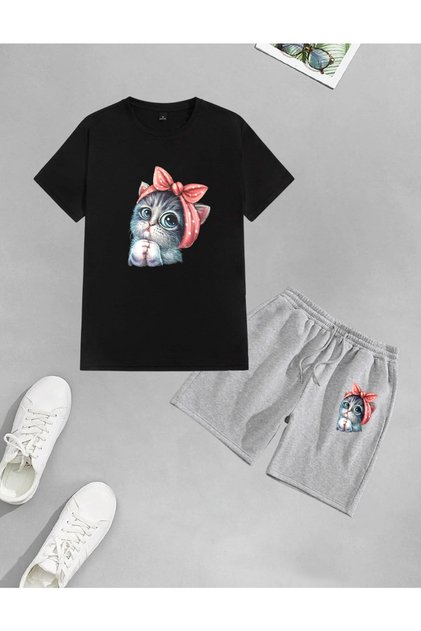 LUNAVISTA Unisex Cute Little Cat Printed Shorts-T-shirt set