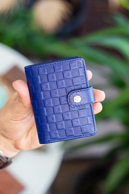 Beijing Genuine Leather Unisex Navy Blue Card Holder Wallet with Plenty of Card Holders and External Placket