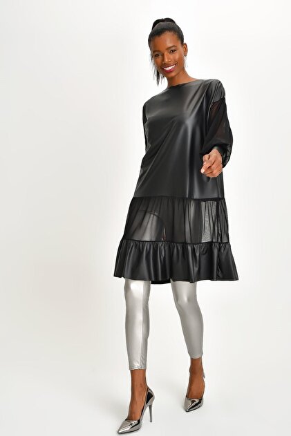 Quincey Women's Black Leather Tunic Dress- Trendyol
