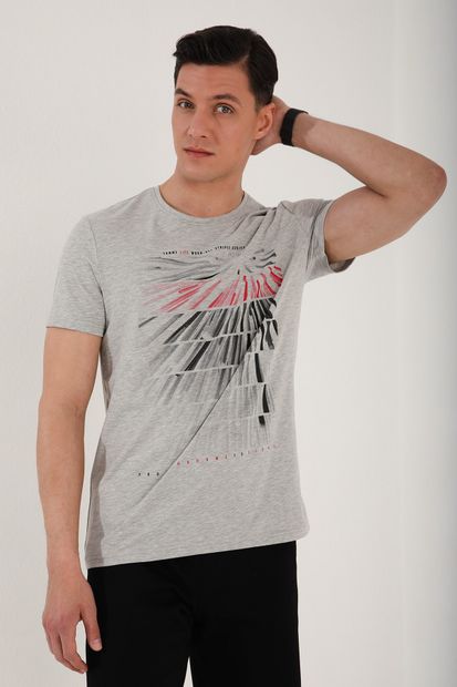 TOMMY LIFE Erkek Gri Melanj  Eskitme Çift Renk Desen Baskılı Rahat Form O Yaka T-shirt - 87959 - 5