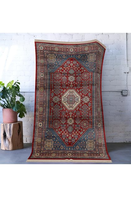Mira Red Blue Themed Traditional Motif Ethnic Patterned Vintage Decorative Carpet Mira 1604
