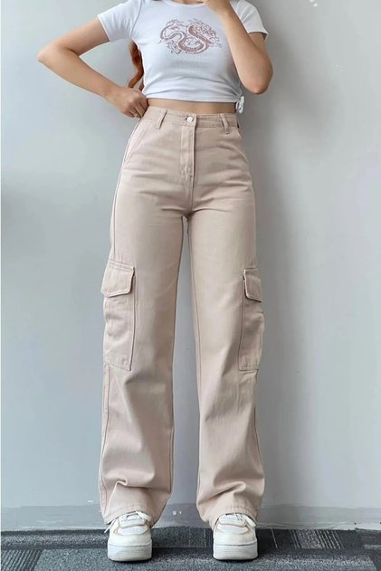 Iza Beige Cargo Relaxed Fit Stretch Fabric Back Pocketless Super High-Waist Jeans