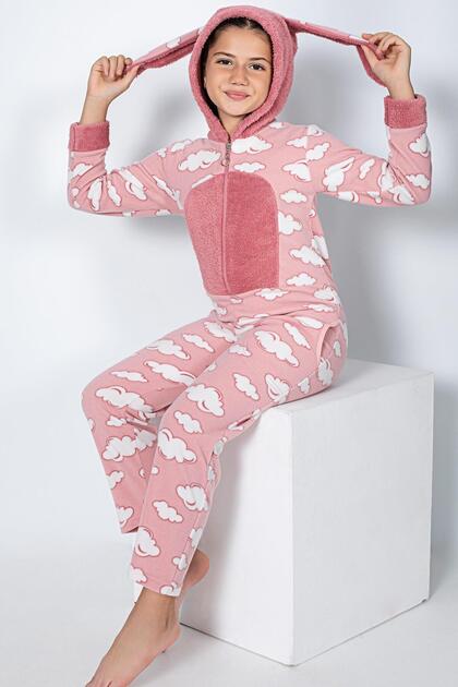 Pijamaevi Pembe Bulut Desenli Kız Çocuk Polar Peluş Tulum Pijama