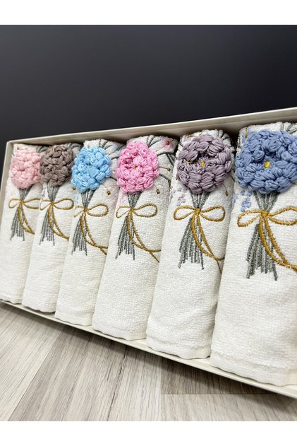 Set of 6 3D Hand Embroidered Flower Bouquet Patterned Boxed Dowry 50x90 Hand and Face Towel Set
