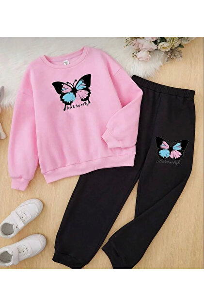 Koklonmoda Girl's Tracksuit Set with Butterfly Print- Trendyol