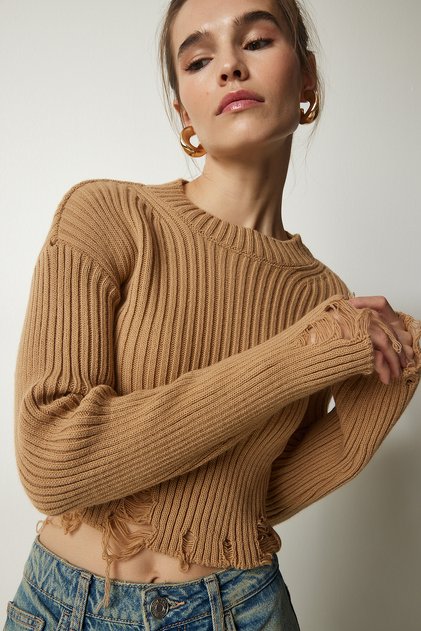 Women's Biscuit Ripped Detailed Knit Crop Sweater YY00181
