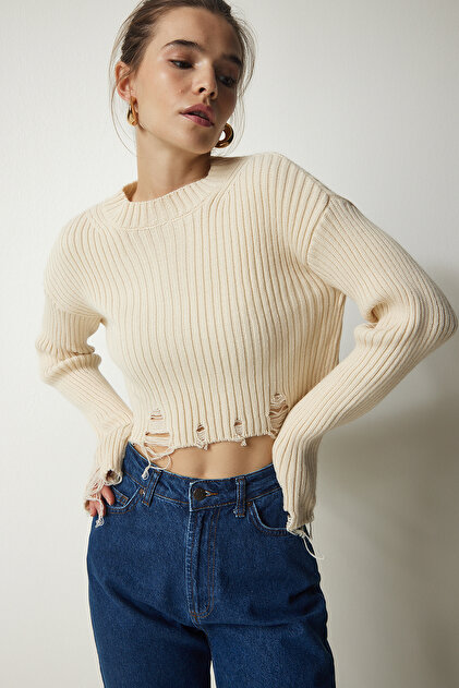 トップス H&K&Chxxnxx Happiness İstanbul Kadın Krem Yırtık Detaylı Triko Crop Kazak