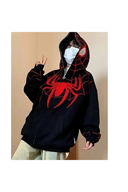 Gofeel Y2k Tech Siyah Kapüşonlu Spiderman Maske Hırka - Fiyatı