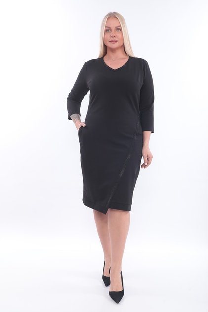 Rochie de damă, cu decolteu în V, cu dungi de piatră, cu detaliu, dreptă, midi, mărime mare