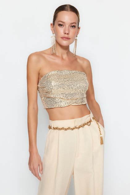 Beige Crop Sequin Bustier TPRAW24BS00033