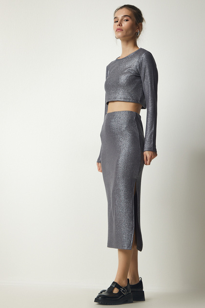 Women's Gray Sparkling Corduroy Crop Skirt Set MC00243