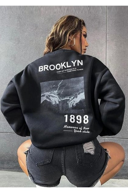 Siyah Oversize Brooklyn 1898 Baskılı Bisiklet Yaka Kapşonsuz Pamuklu Sweatshirt