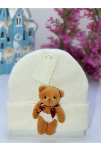 Ecru Soft Textured Winter Beanie with Teddy Bear for Kids, Beanie with Favorite Teddy Bear Figure Winter Fashion