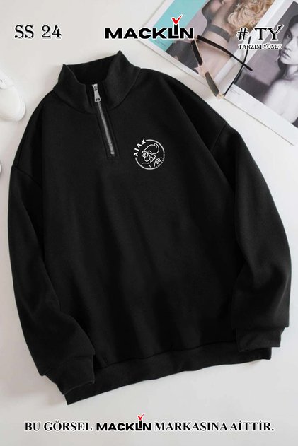 Unisex Kadın Erkek Ajax Amsterdam Logo Baskılı Yarım Fermuarlı Dik Yaka Basic Sweatshirt
