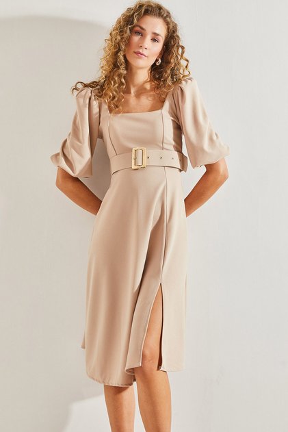 Women's Beige Square Collar Belted Dress 40991009