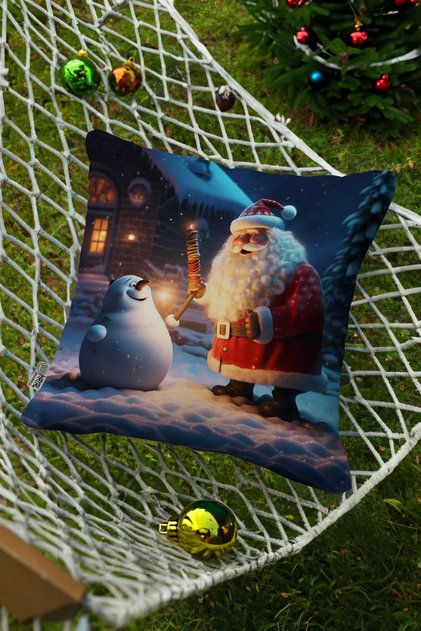New Year's Themed Santa Claus and Snowman Photo Digital Printed Decorative Throw Pillow - Pillow Case