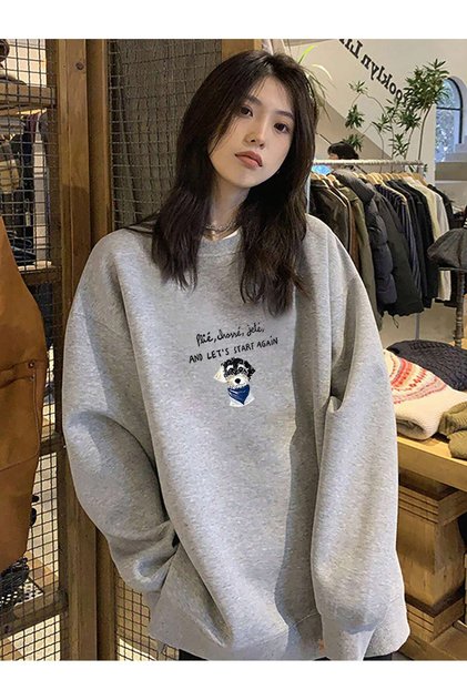 Slogan and Cartoon Graphic Off Shoulder Oversize Sweat Gray