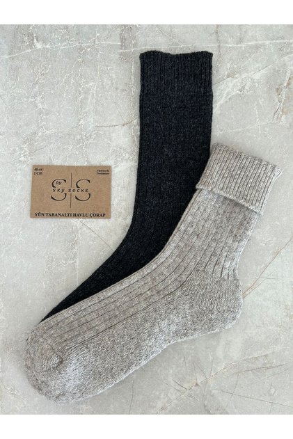 2-Piece Wool Sole Towel Winter Thick Lambswool Braided Black-gray Socks