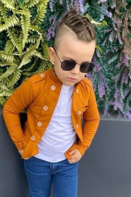 Boy's Shoulder and Jacket Collar Button Detailed Pocket Blazer Jacket Mustard Bottom Top Set