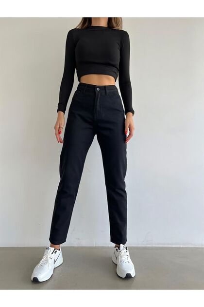 High Waist Lycra Black Boyfriend Jeans Flexible Mom Jeans (Buy 1 Size Small)