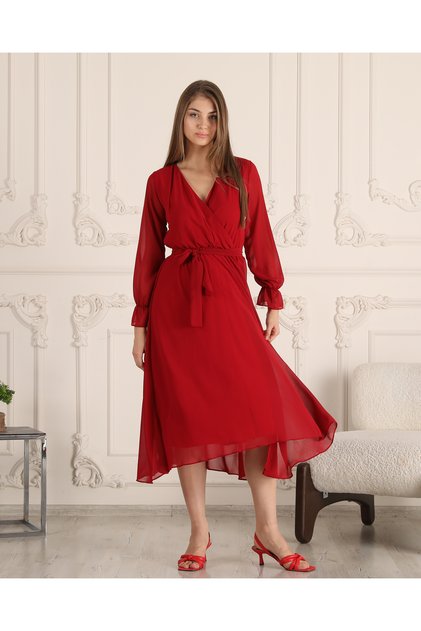 Rochie de damă din șifon roșu cu curea, guler dublu, 4018