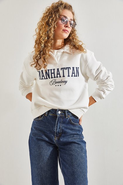 Women's White Printed Three Thread Ribbed Sweatshirt 40991026